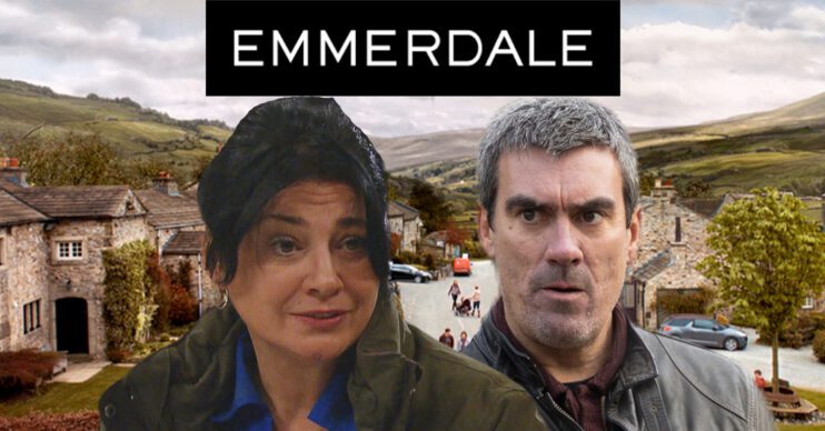Emmerdale's Moira, Cain, the Emmerdale logo and background of the Dales