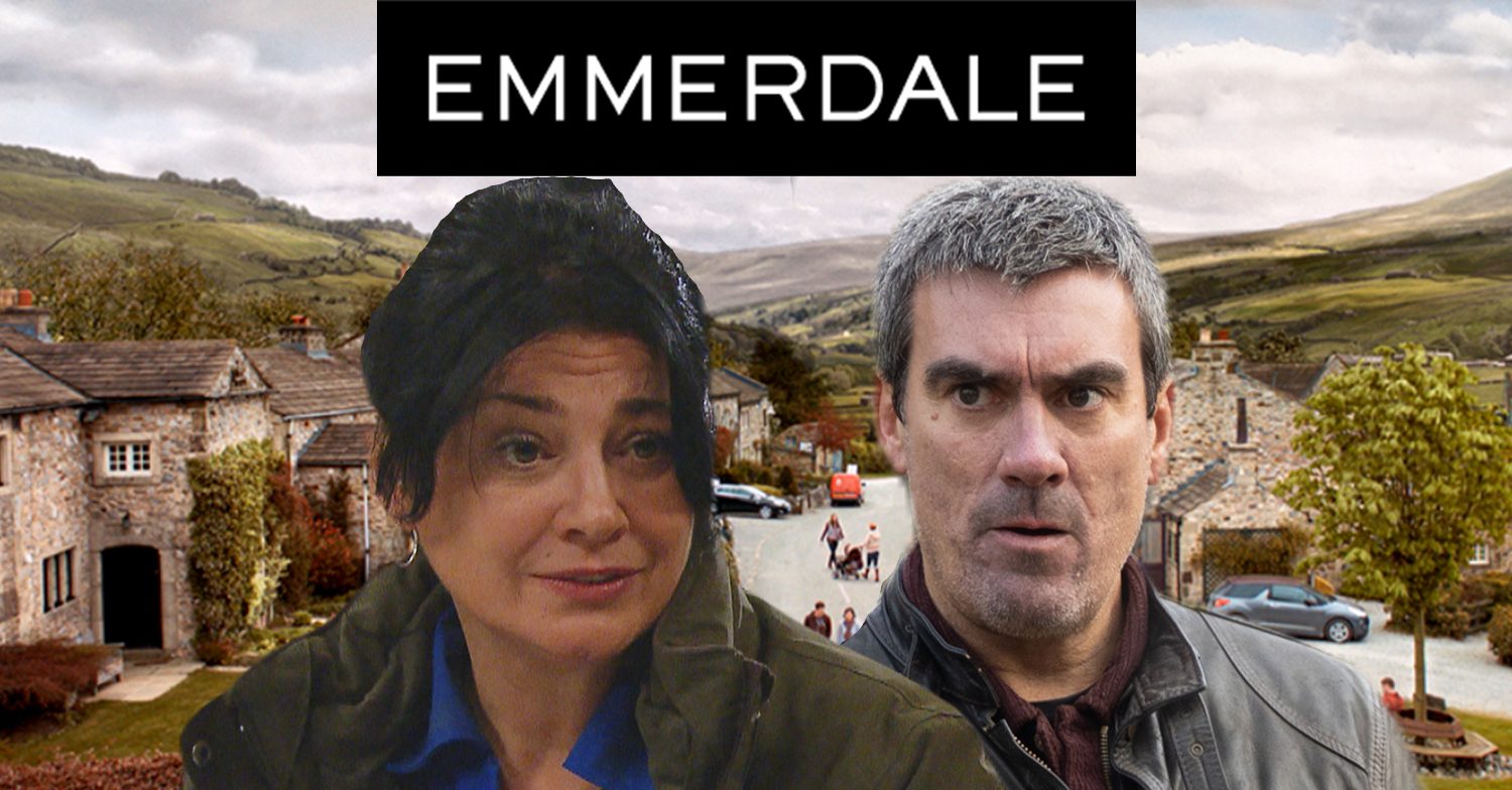 Emmerdale's Moira, Cain, the Emmerdale logo and background of the Dales