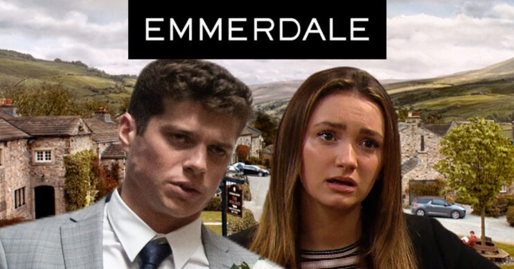 Emmerdale's Nicky, Gabby, the Emmerdale logo and background of the Dales