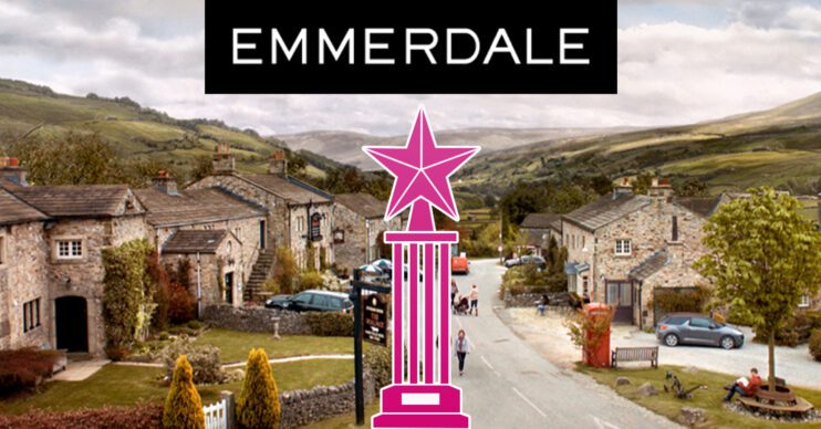Emmerdale's logo, a pink trophy and background of the Dales