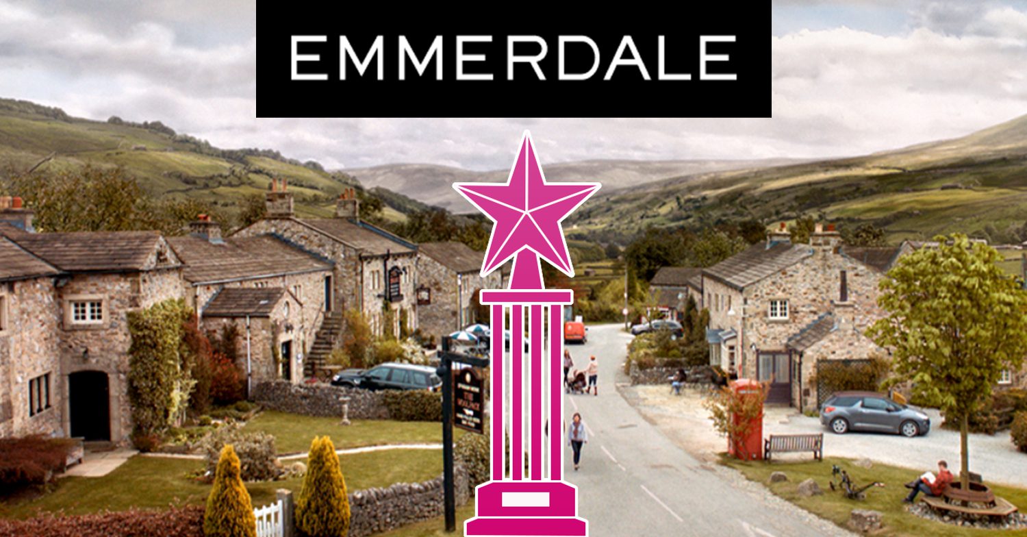 Emmerdale's logo, a pink trophy and background of the Dales