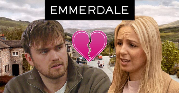 Emmerdale's Tom, Belle, a broken heart, the Emmerdale logo and background of the Dales