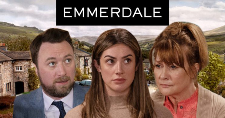 Emmerdale's Liam, Victoria and Wendy, the Emmerdale logo and background of the Dales