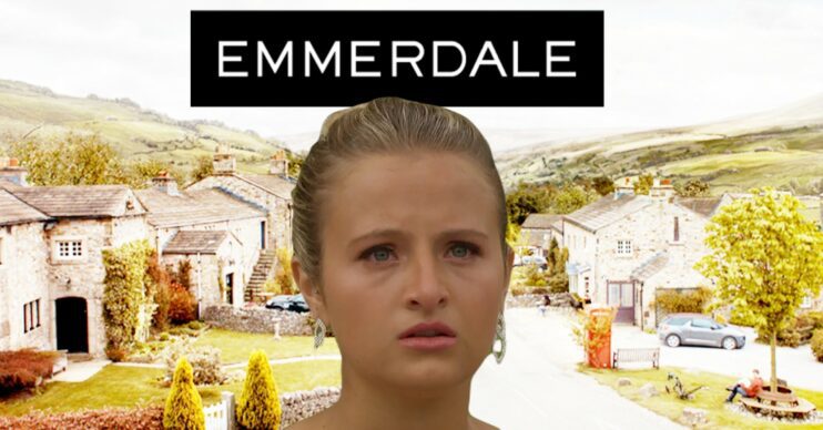 Amelia looking upset on Emmerdale against soap background and logo (Credit: ITV/Composite: ED!)