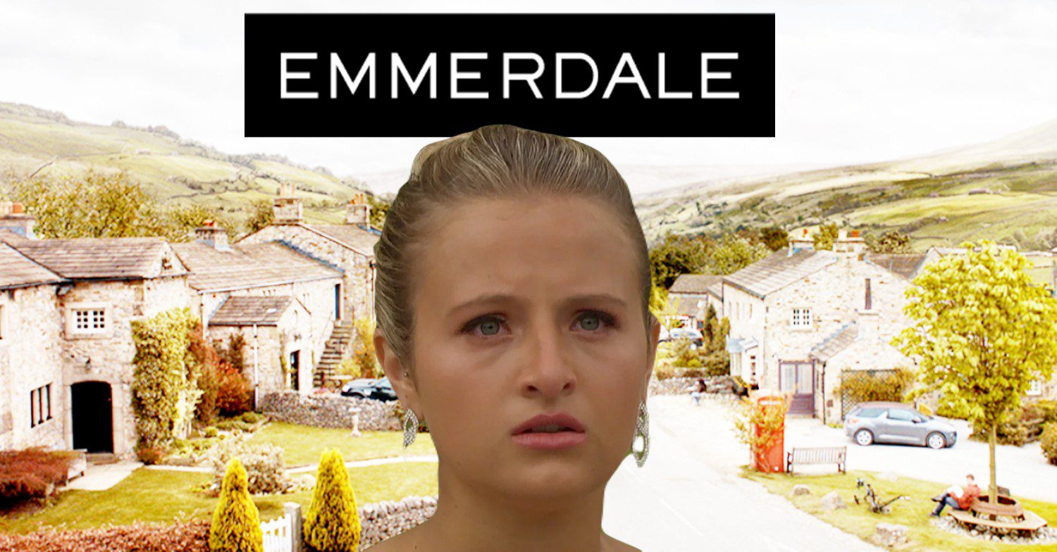 Amelia looking upset on Emmerdale against soap background and logo (Credit: ITV/Composite: ED!)