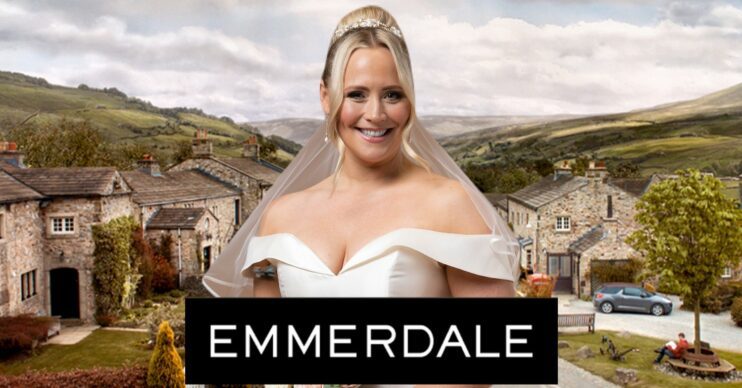 Emmerdale: Amy Walsh returns as Tracy Metcalfe in a wedding dress on show back ground comp image