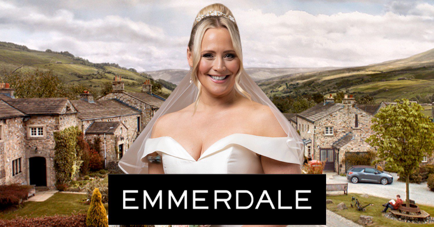Emmerdale: Amy Walsh returns as Tracy Metcalfe in a wedding dress on show back ground comp image