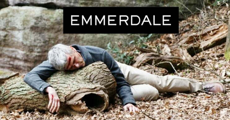 Caleb unconscious in the woods on Emmerdale; inset, show logo (Credit: ITV/Composite: ED!)