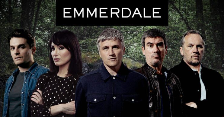 Emmerdale's Mack, Leyla, Caleb, Cain and Will, a woodland background, and the Emmerdale logo