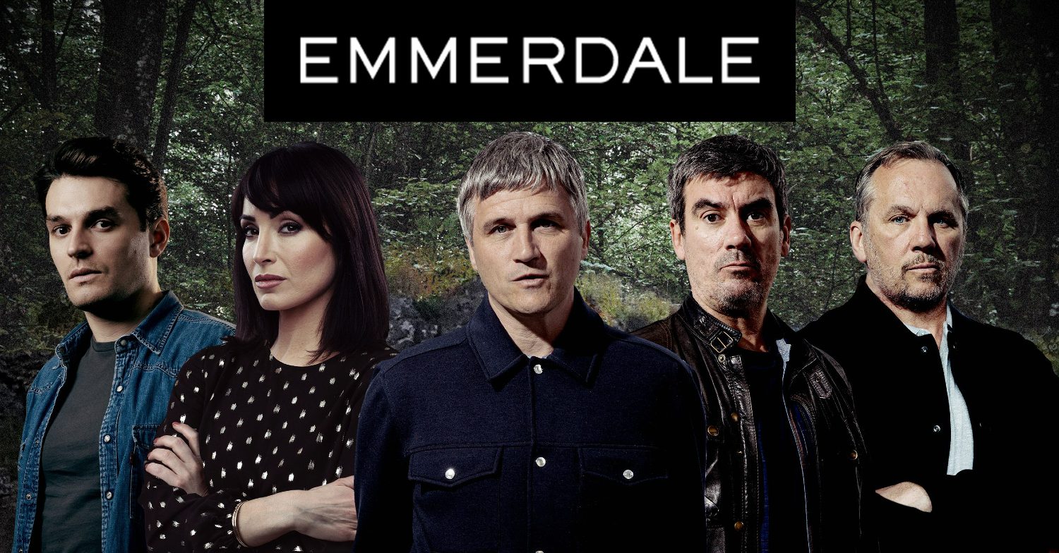 Emmerdale's Mack, Leyla, Caleb, Cain and Will, a woodland background, and the Emmerdale logo