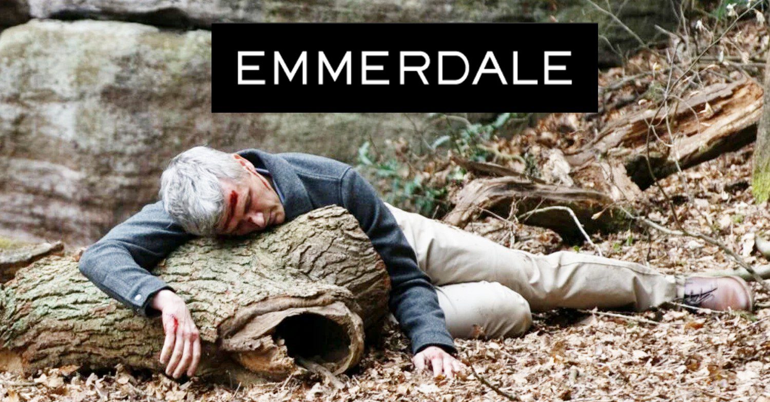Caleb unconscious in the woods on Emmerdale; inset, show logo (Credit: ITV/Composite: ED!)