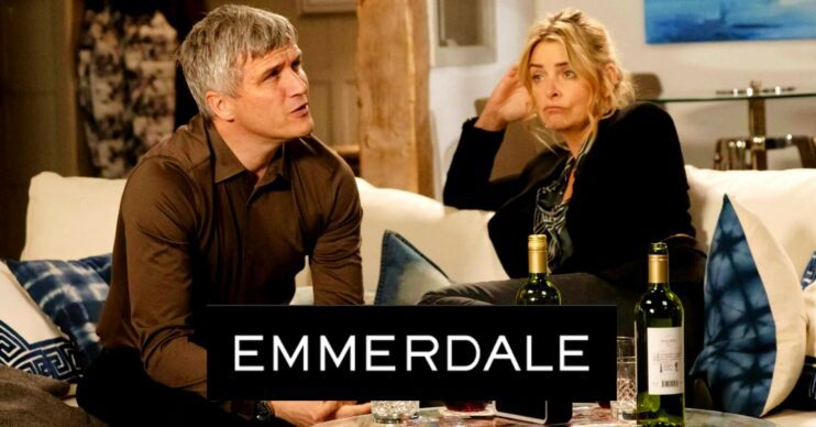 Charity and Caleb comp image with the Emmerdale logo