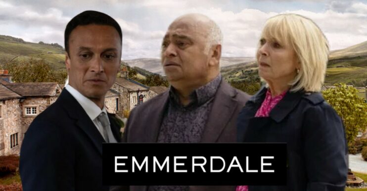 Emmerdale Jai's real dad comp image: Jai, Rishi, Georgia on Emmerdale background with logo