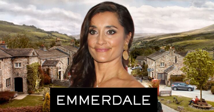 Emmerdale comp image of Rebecca Sarker and the show background plus logo