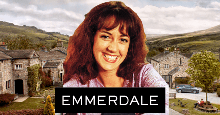 Emmerdale comp image: Tricia Dingle on the show background with the logo