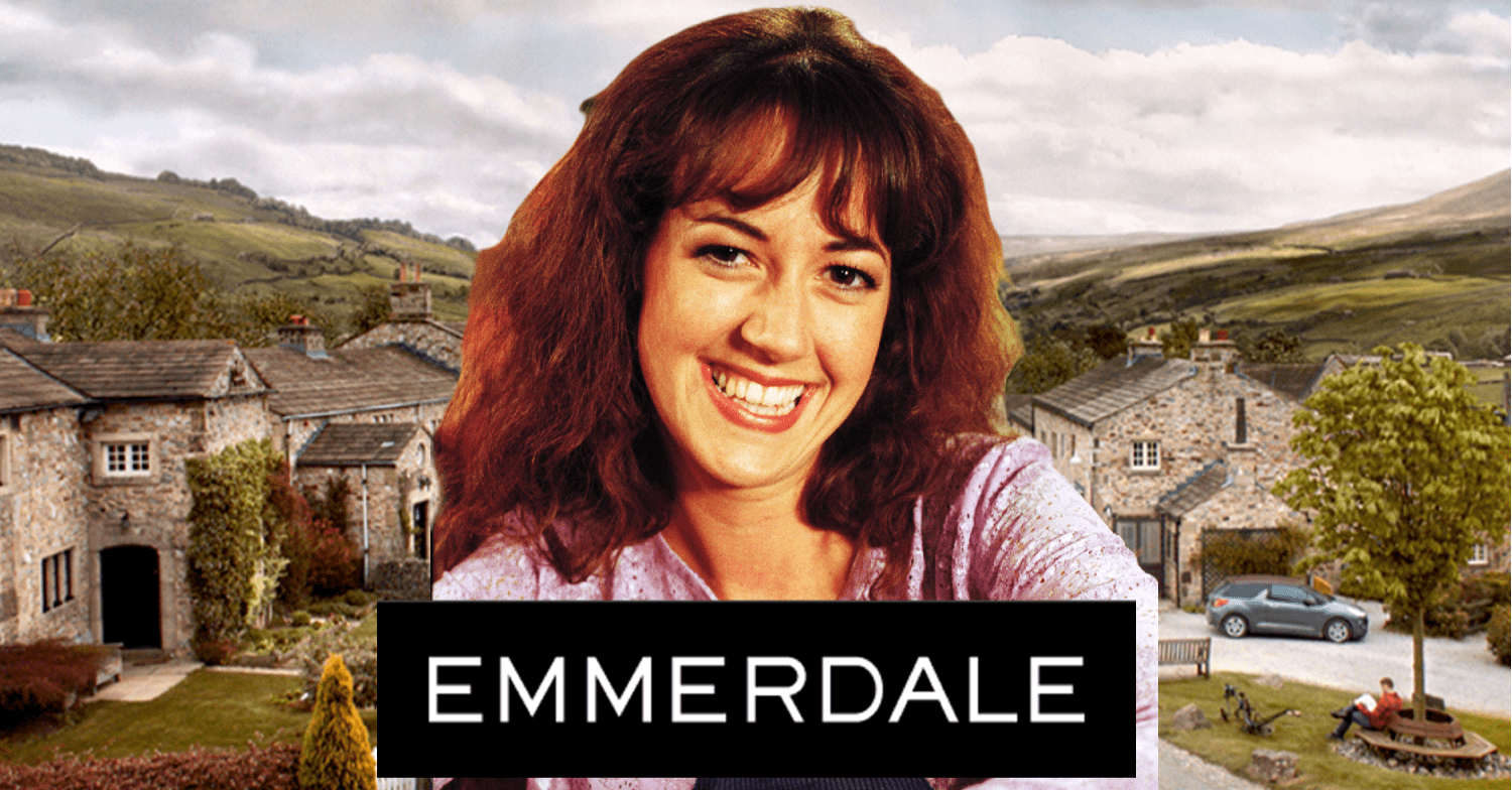 Emmerdale comp image: Tricia Dingle on the show background with the logo