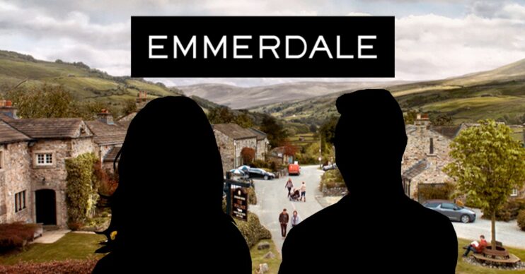 Emmerdale village and background with male and female silhouettes (Credit: ITV/Composite: ED!)