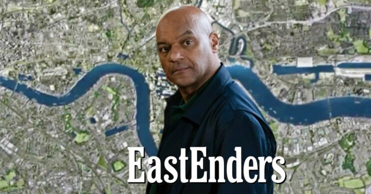 George Knight on EastEnders against Walford background and show logo (Credit: BBC/Composite: ED!)