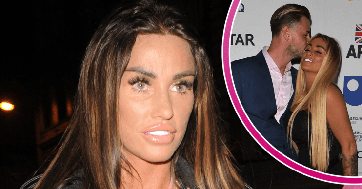 Katie Price showing her teeth and kissing Carl Woods inset