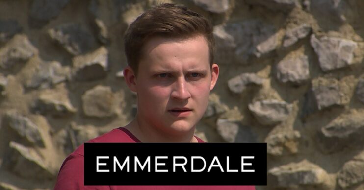 Lachlan White in Emmerdale with show logo comp image