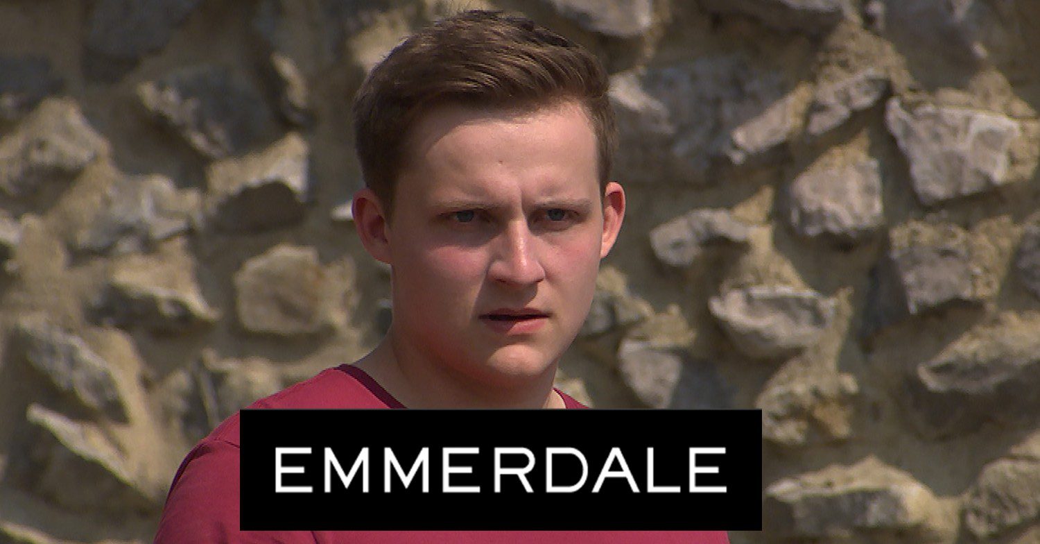 Lachlan White in Emmerdale with show logo comp image
