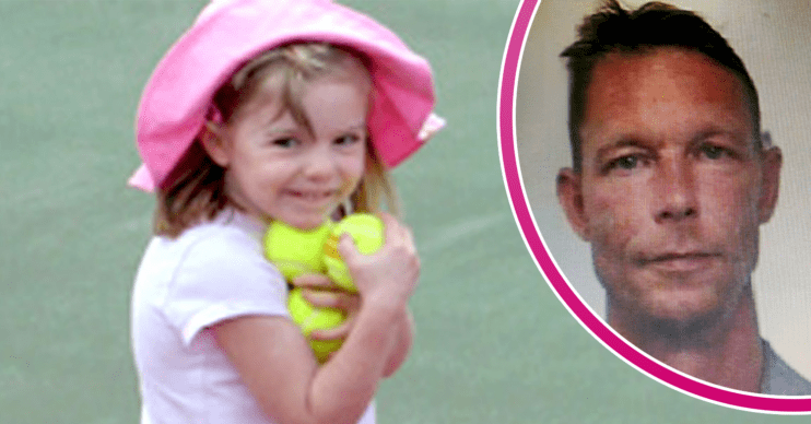 Madeleine McCann in a pink hat and Christian Brueckner in his mugshot