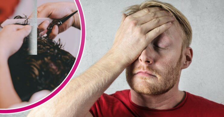 Someone's hair being cut and a man looking worried
