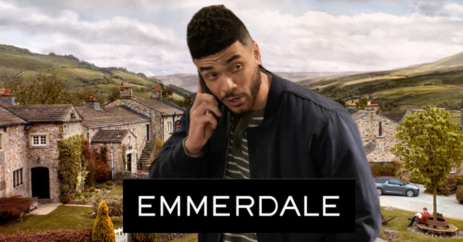 Nate looking shady on the phone in Emmerdale, composite village and logo (Credit: ITV/Composite: ED!)