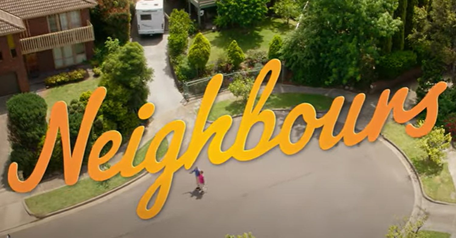 The Neighbours title backgrounds with the orange Neighbours logo