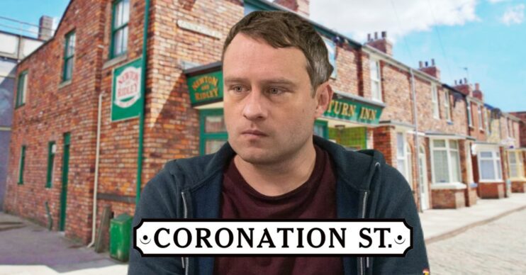 Paul on Coronation Street looking sad and worried; composite Rovers background and logo (Credit: ITV/Composite: ED!)