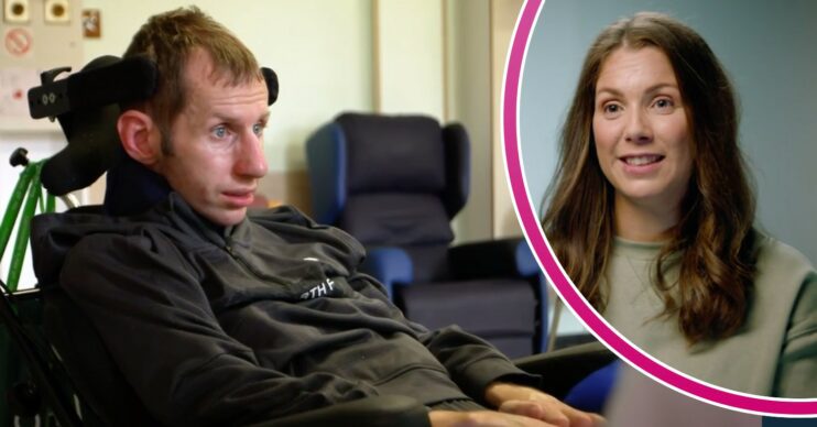 Rob Burrow looks forward, his wife Lindsey Burrow speaks to camera