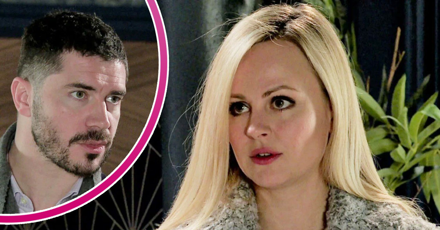 Sarah looks upset and guilty on Coronation Street; inset, Adam appears angry (Credit: ITV/Composite: ED!)