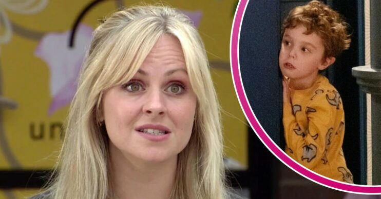 Sarah Platt on Coronation Street; inset, Harry spying on her (Credit: ITV/Composite: ED!)