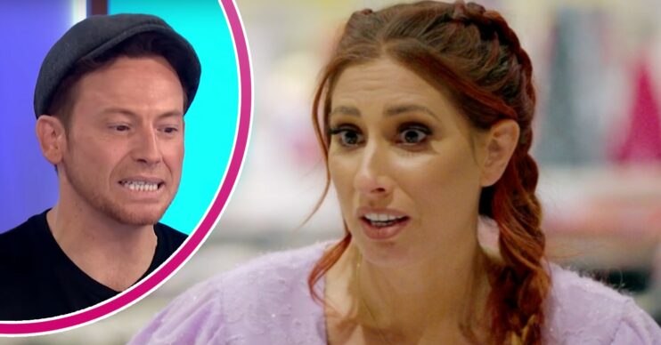 Joe Swash looks down, Stacey Solomon appears surprised