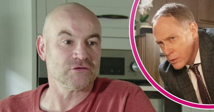 Tim looking serious on Coronation Street; inset, Stephen looking sinister (Credit: ITV/Composite: ED!)