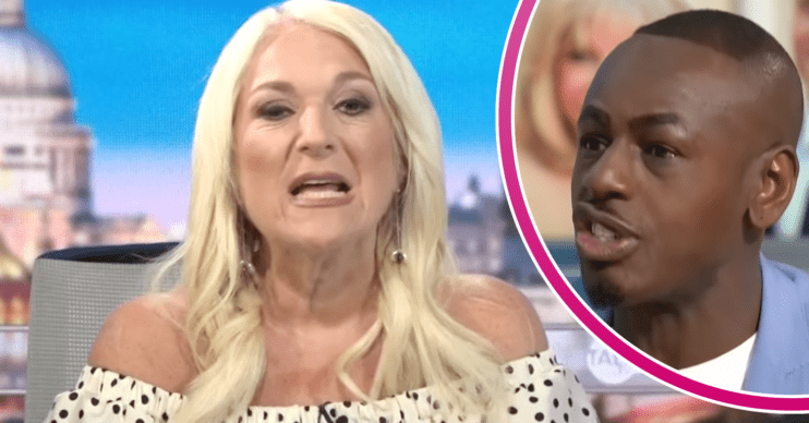 Vanessa Feltz speaking to camera and Ben Ofoedu inset