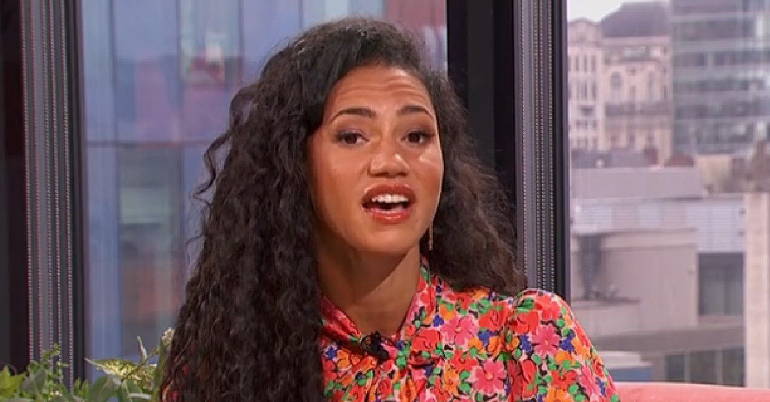 Vick Hope in pink floral dress on Morning Live