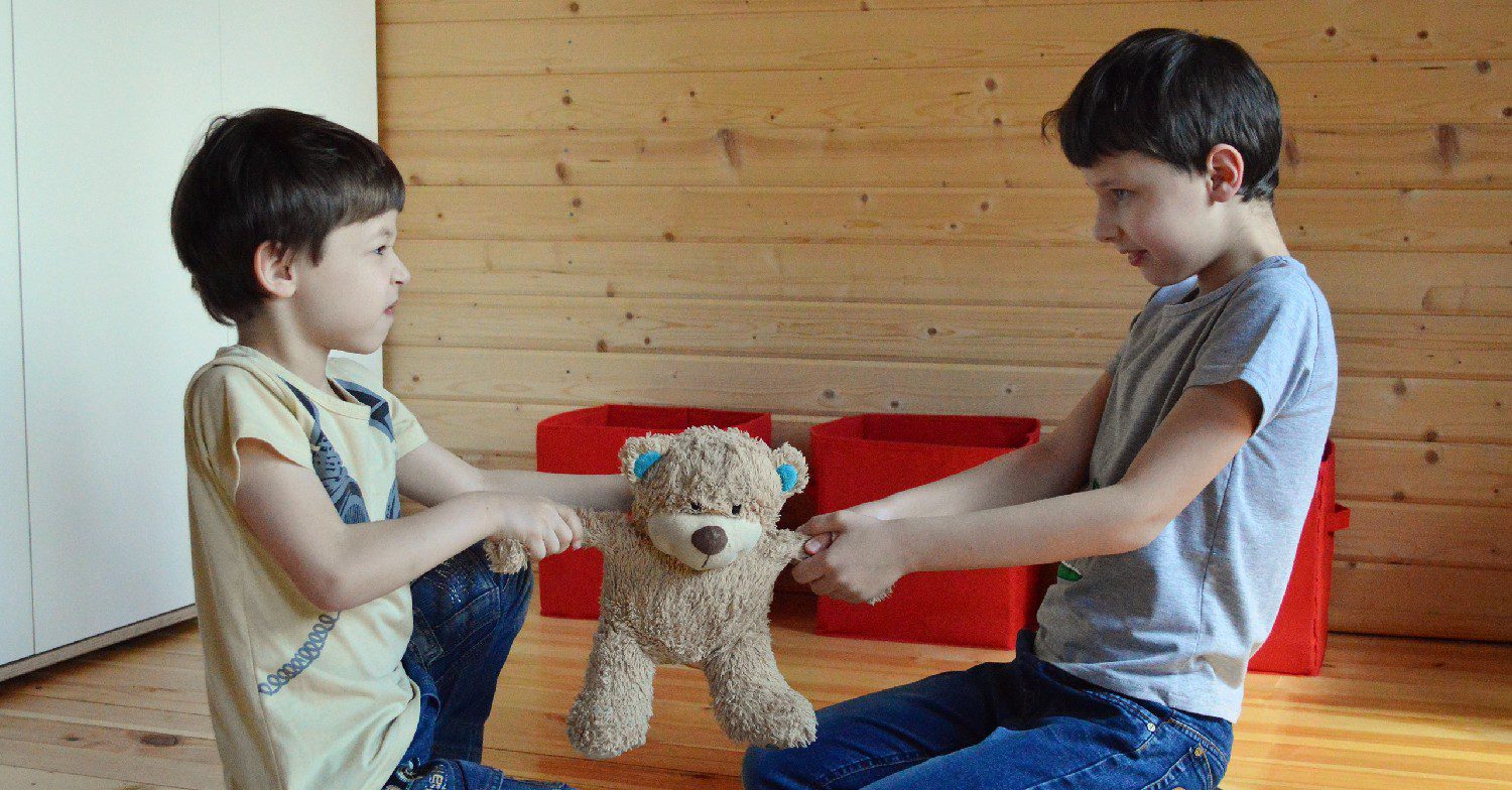 Kids fighting with a teddy bear 