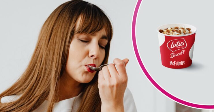 Woman eating ice cream and McDonalds Biscoff McFlurry