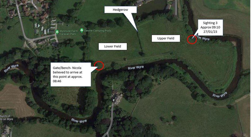 Map of River Wyre, Lancashire documenting Nicola Bulley's last movements