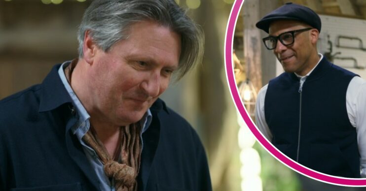 Simon Armitage smiles with Jay Blades on The Repair Shop on BBC