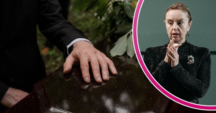 Coffin and woman looking shocked
