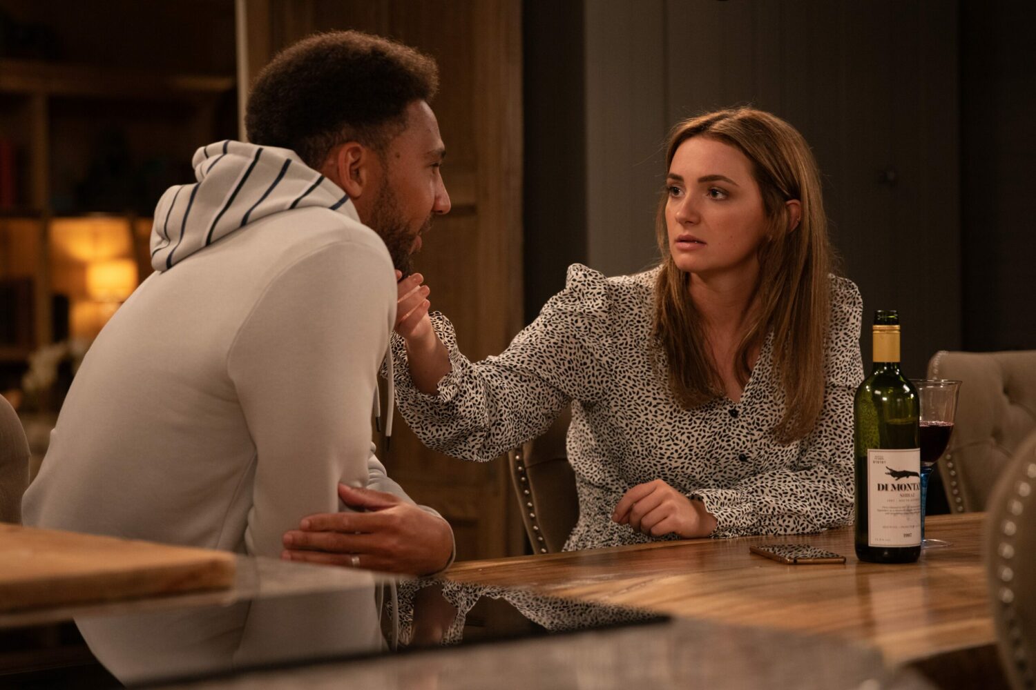 Gabby Thomas touches Billy Fletcher's face at Home Farm