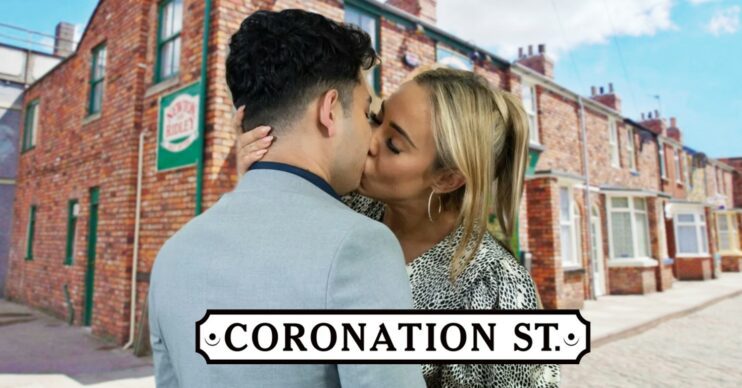 Aadi and Courtney kissing on Corrie against show logo and Rovers background (Credit; ITV/Composite: ED!)