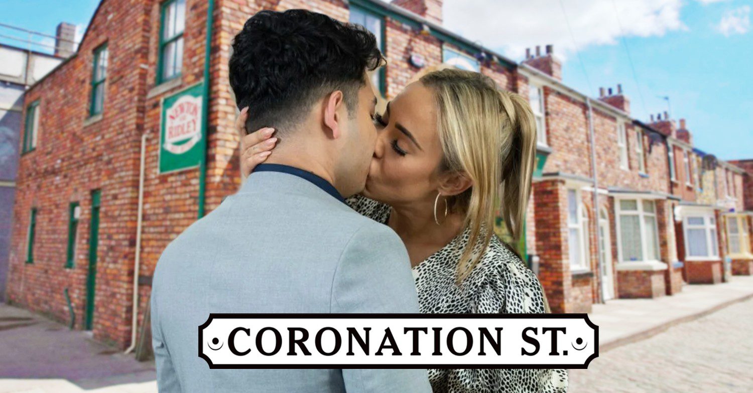 Aadi and Courtney kissing on Corrie against show logo and Rovers background (Credit; ITV/Composite: ED!)