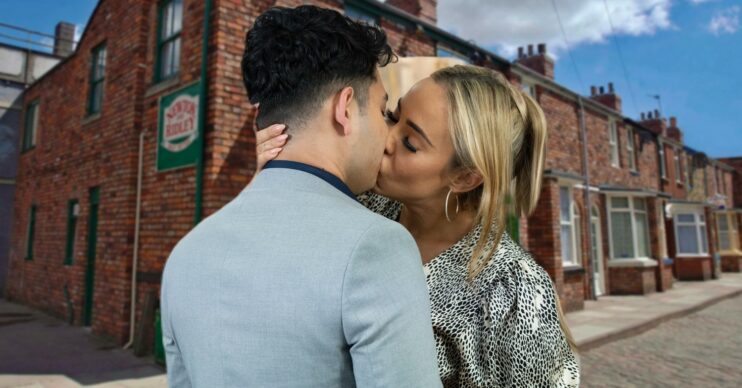 Aadi and Courtney kissing on a backdrop of Coronation Street