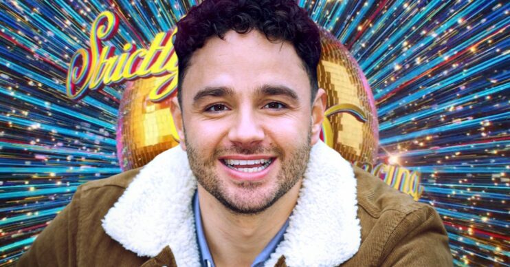 Adam Thomas smiling in Strictly 2023 promo pic with logo in background