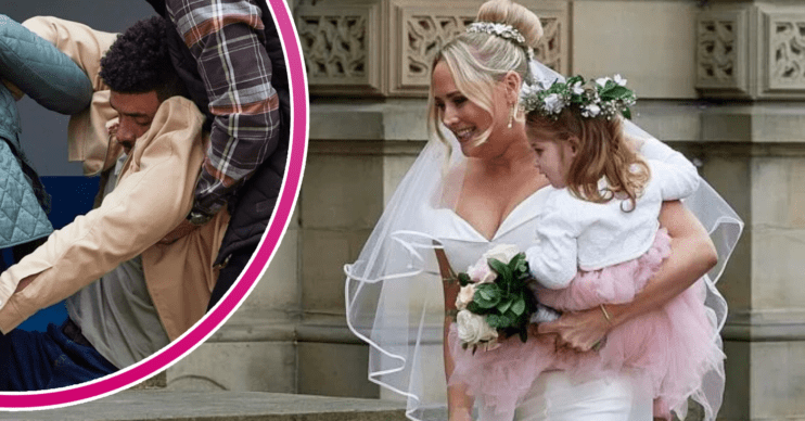 Composite image: Cain and Moira kidnapping Nate; Tracy in her wedding dress, carrying Frankie (Credit: ITV/Composite: ED!)