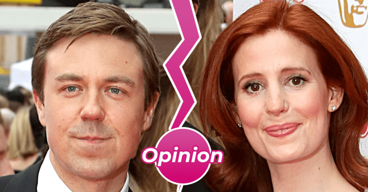 Andrew Buchan and Amy Nuttall smiling separated by a pink crack