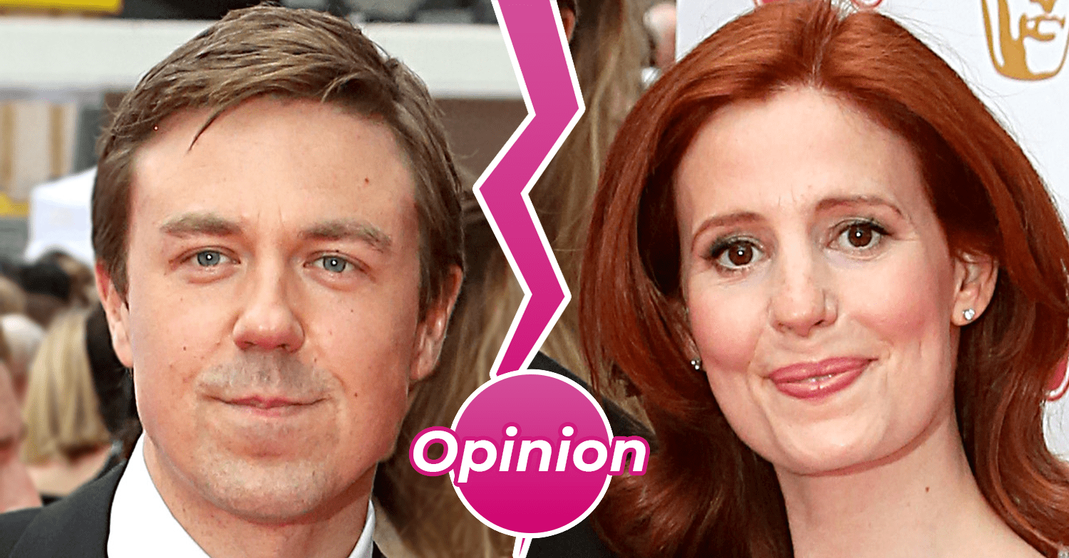Andrew Buchan and Amy Nuttall smiling separated by a pink crack